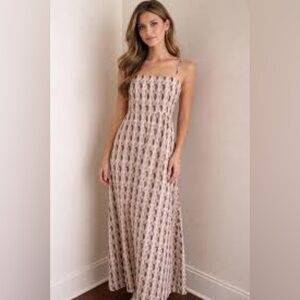 Linen blend maxi dress a-line purple beige geometric boho neutral earthy resort